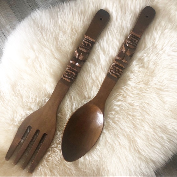 Vintage Wooden Tiki Fork Spoon Kitchen Wall Decor